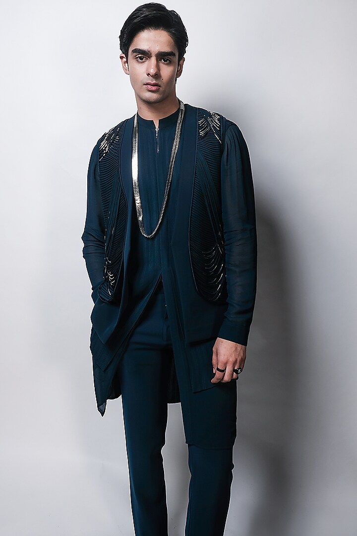 Victorian Teal Crepe Embroidered Jacket by Rohit Gandhi & Rahul Khanna Men