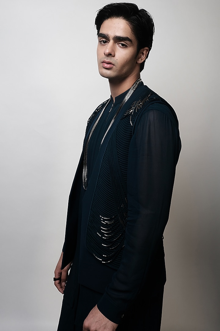 Victorian Teal Crepe Embroidered Jacket by Rohit Gandhi & Rahul Khanna Men at Pernia's Pop Up Shop