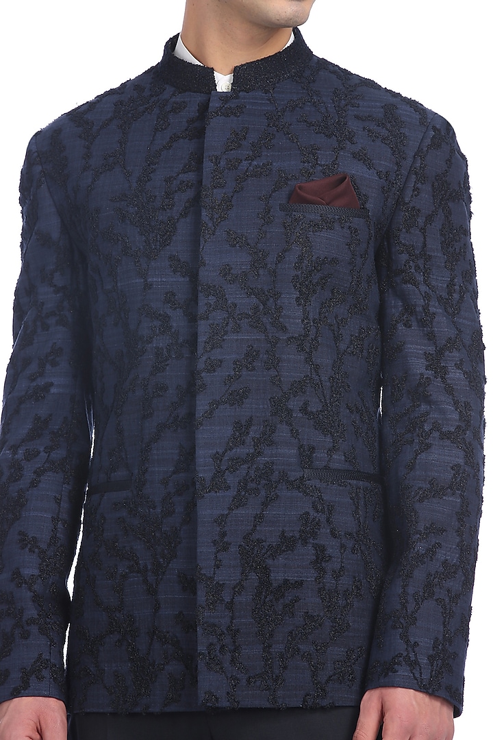 Blue Embroidered Wedding Bandhgala Jacket by Rohit Gandhi & Rahul Khanna Men at Pernia's Pop Up Shop