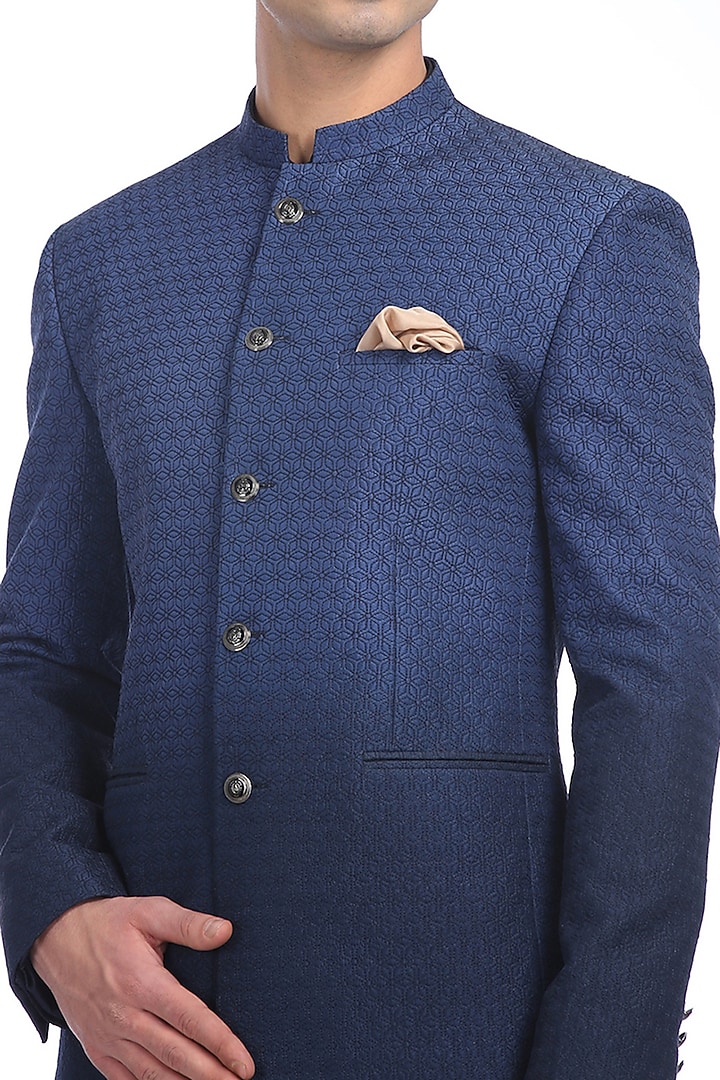 Blue Ombre Quilted Wedding Bandhgala Jacket by Rohit Gandhi & Rahul Khanna Men at Pernia's Pop Up Shop