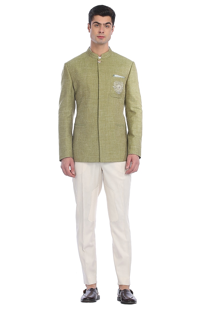 Lime Green Linen Bandhgala Jacket by Rohit Gandhi & Rahul Khanna Men
