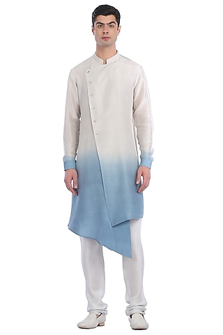 White & Blue Ombre Silk Kurta Set by Rohit Gandhi & Rahul Khanna Men