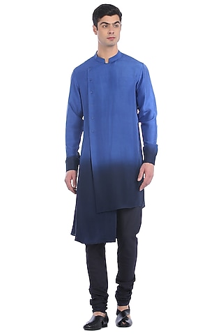 Navy Blue Ombre Asymmetric Kurta Set by Rohit Gandhi & Rahul Khanna Men