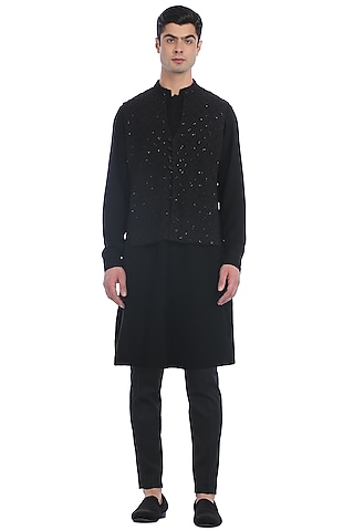 Black Embroidered Kurta Set With Waistcoat by Rohit Gandhi & Rahul Khanna Men