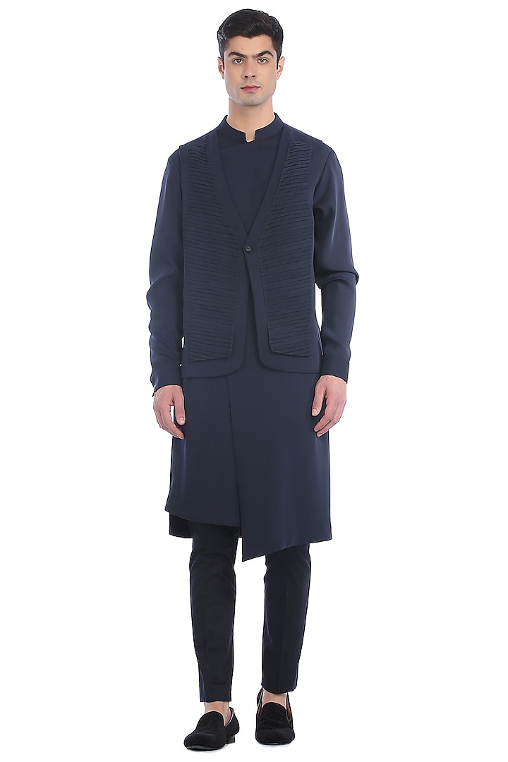 Navy Blue Printed Kurta Set With Waistcoat by Rohit Gandhi & Rahul Khanna Men at Pernia's Pop Up Shop