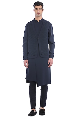 Navy Blue Printed Kurta Set With Waistcoat by Rohit Gandhi & Rahul Khanna Men