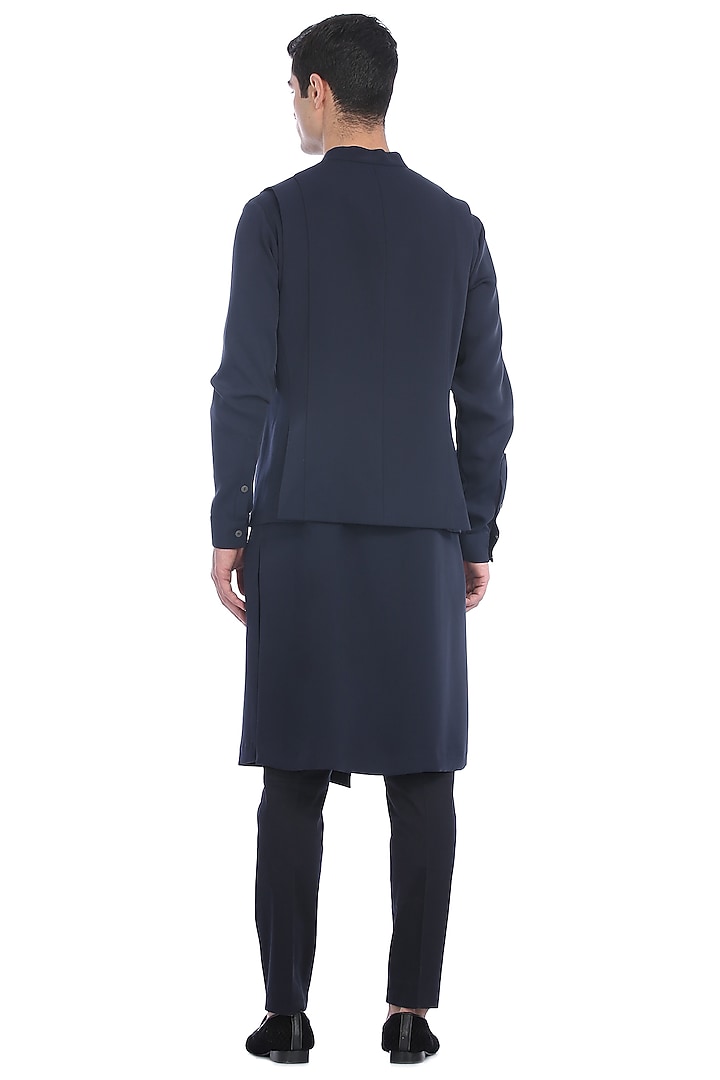 Navy Blue Printed Kurta Set With Waistcoat by Rohit Gandhi & Rahul Khanna Men at Pernia's Pop Up Shop