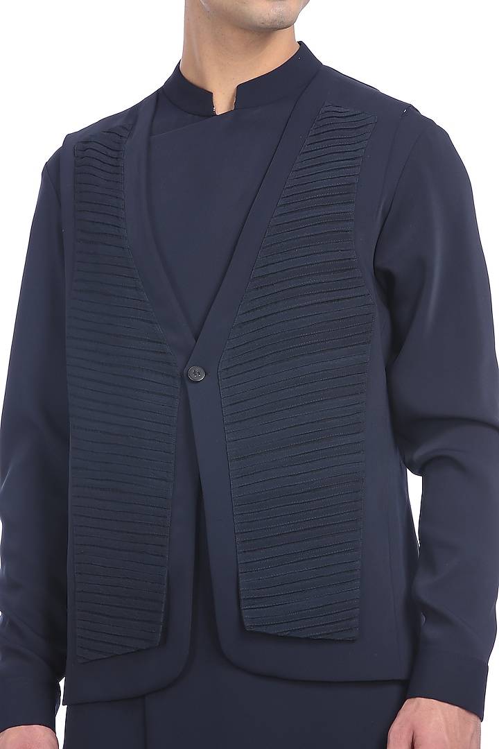 Navy Blue Printed Kurta Set With Waistcoat by Rohit Gandhi & Rahul Khanna Men at Pernia's Pop Up Shop
