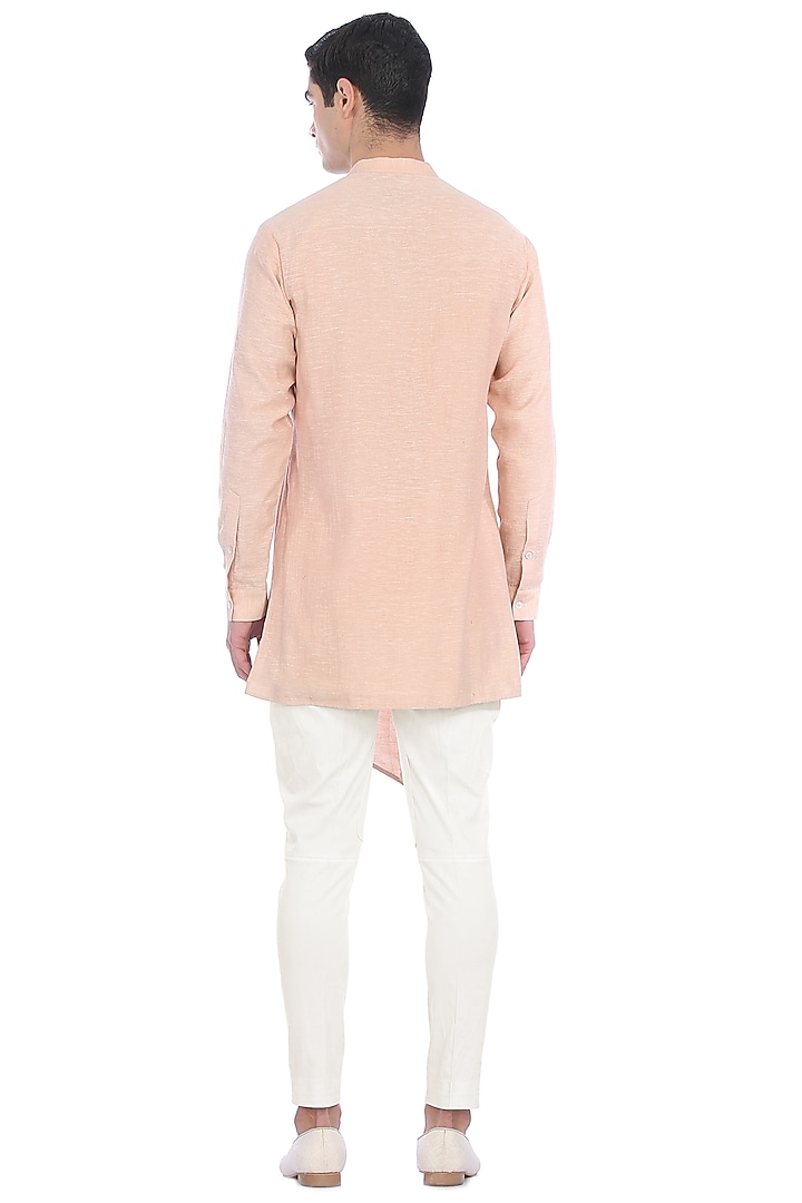 Peach Noil Asymmetric Kurta by Rohit Gandhi & Rahul Khanna Men at Pernia's Pop Up Shop