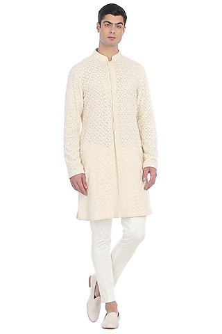 Beige Chikankari Embroidered Sherwani Set by Rohit Gandhi & Rahul Khanna Men