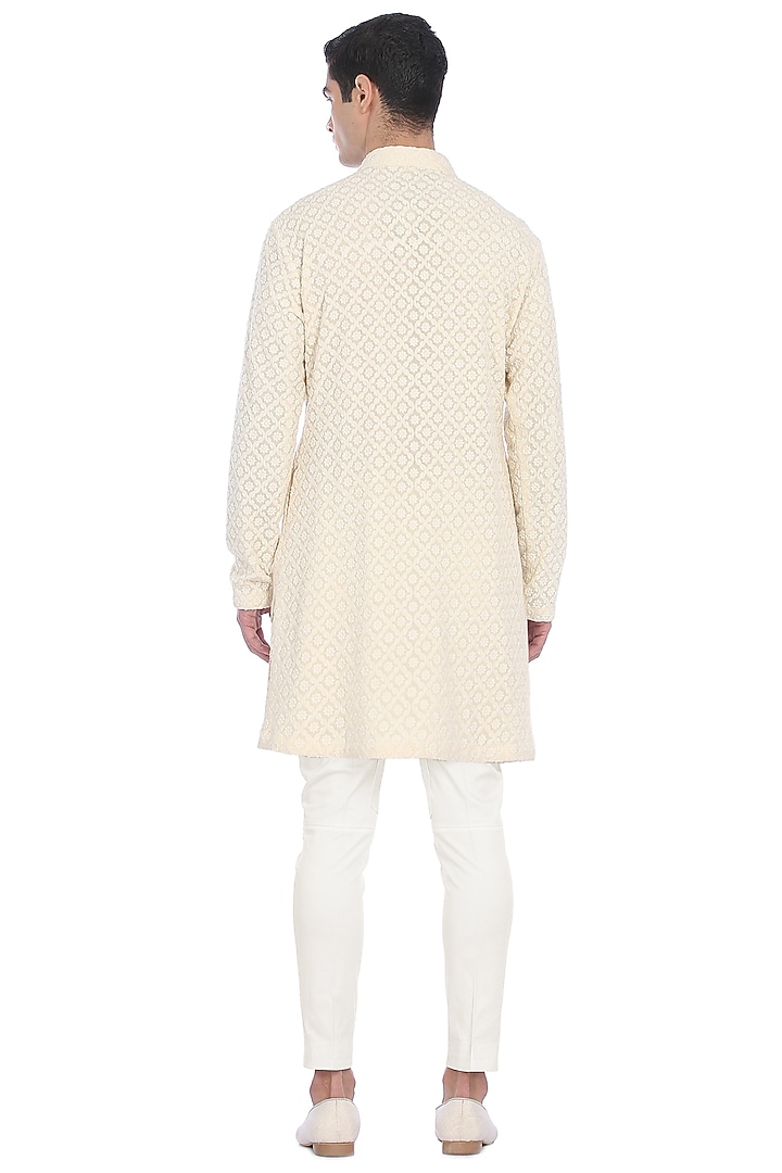 Beige Chikankari Embroidered Wedding Sherwani Set by Rohit Gandhi & Rahul Khanna Men at Pernia's Pop Up Shop