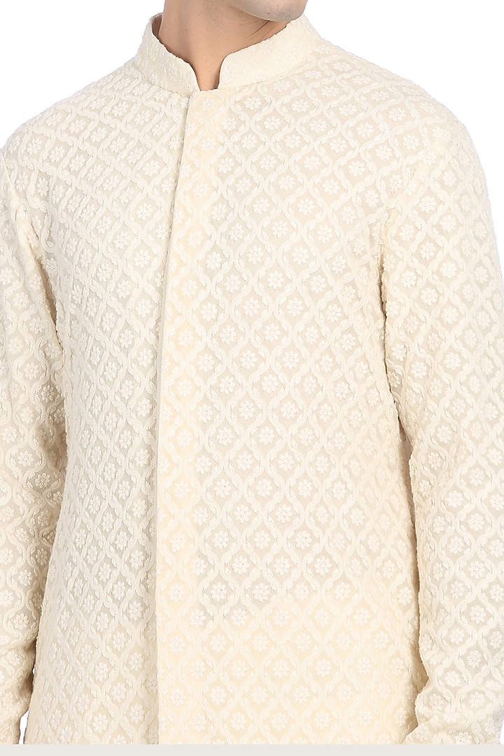 Beige Chikankari Embroidered Wedding Sherwani Set by Rohit Gandhi & Rahul Khanna Men at Pernia's Pop Up Shop