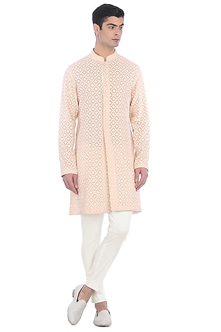 Beige & White Embroidered Sherwani Set by Rohit Gandhi & Rahul Khanna Men