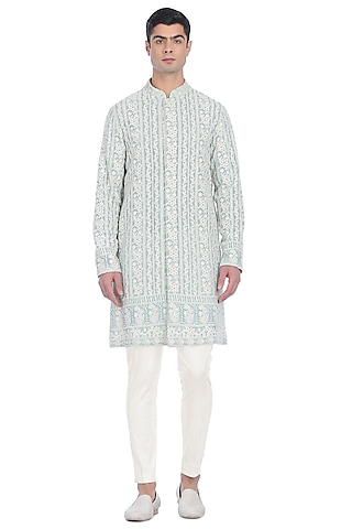 Light Blue Embroidered Sherwani Set by Rohit Gandhi & Rahul Khanna Men