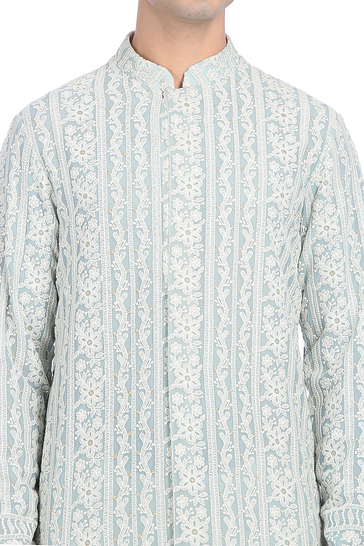 Light Blue Embroidered Wedding Sherwani Set by Rohit Gandhi & Rahul Khanna Men at Pernia's Pop Up Shop