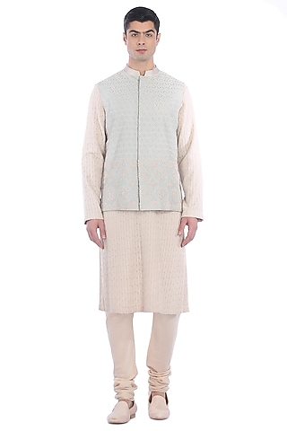 Blue & Beige Kurta Set With Waist Jacket by Rohit Gandhi & Rahul Khanna Men