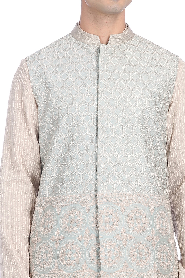Blue & Beige Kurta Set With Waist Jacket by Rohit Gandhi & Rahul Khanna Men at Pernia's Pop Up Shop