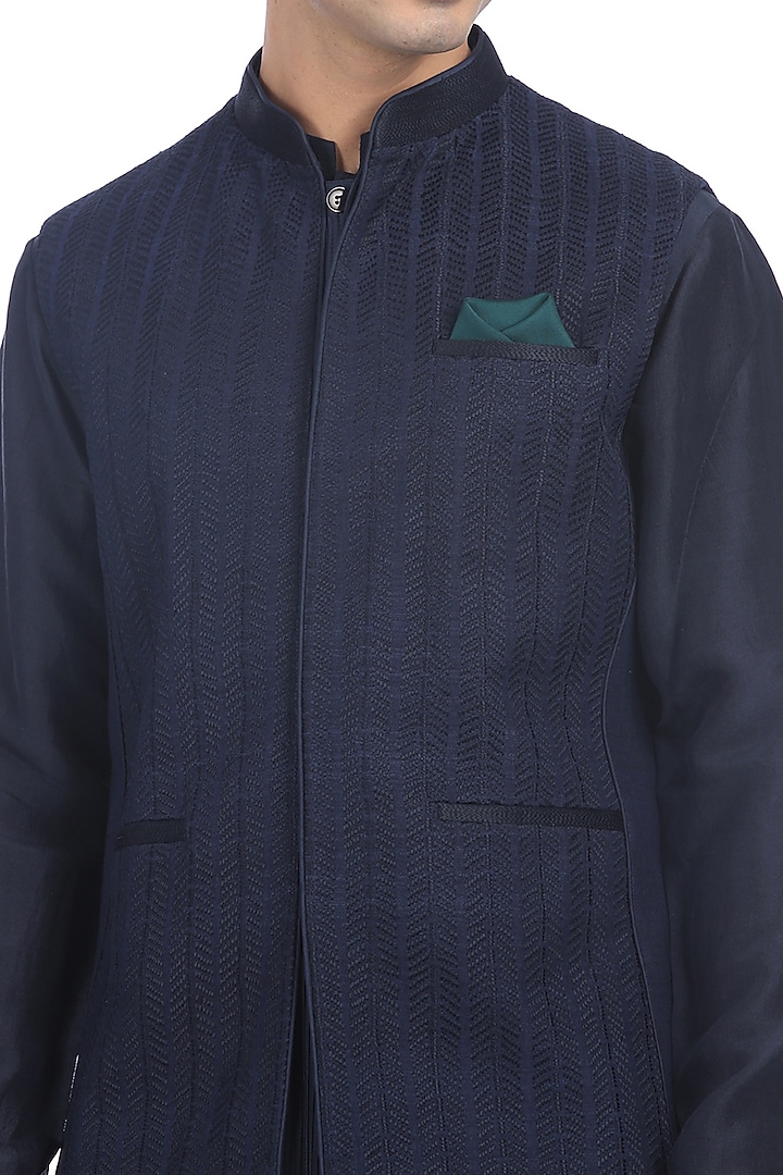 Navy Blue Kurta Set With Waist Jacket by Rohit Gandhi & Rahul Khanna Men at Pernia's Pop Up Shop