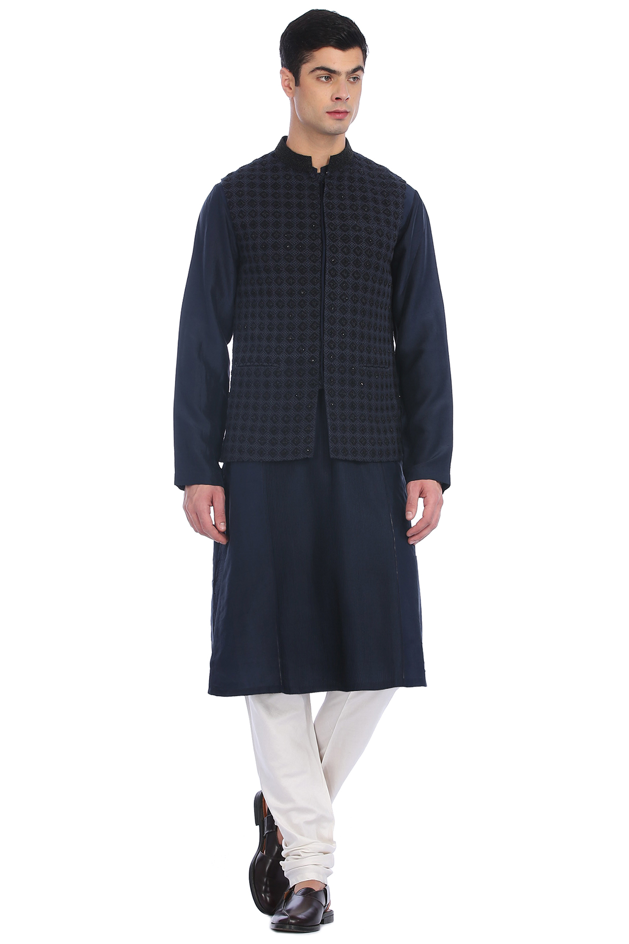 black Kurta Set With Waist Jacket by Rohit Gandhi & Rahul Khanna Men