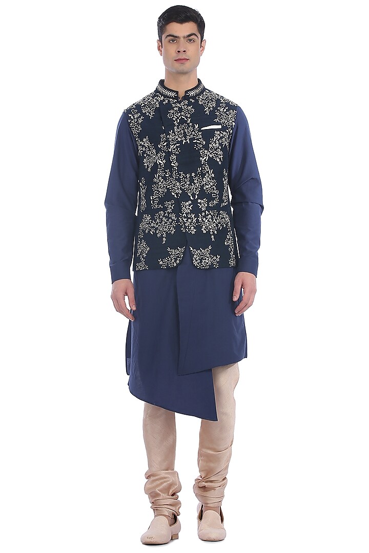 Navy Blue Kurta Set With Waist Jacket by Rohit Gandhi & Rahul Khanna Men