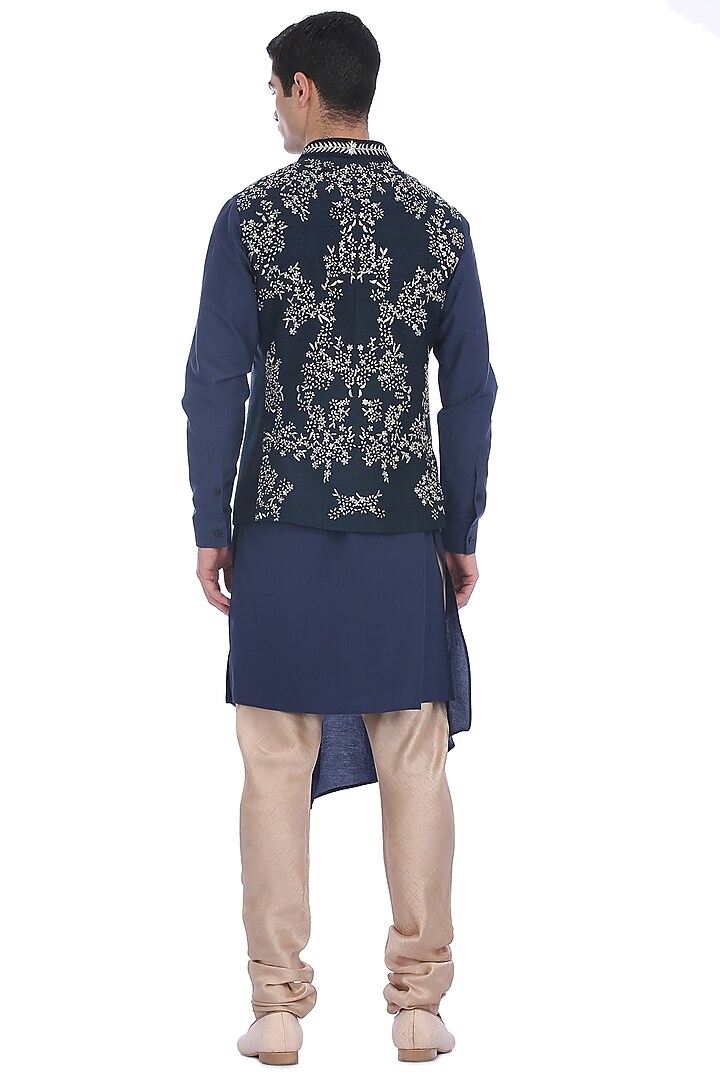 Navy Blue Kurta Set With Waist Jacket by Rohit Gandhi & Rahul Khanna Men at Pernia's Pop Up Shop