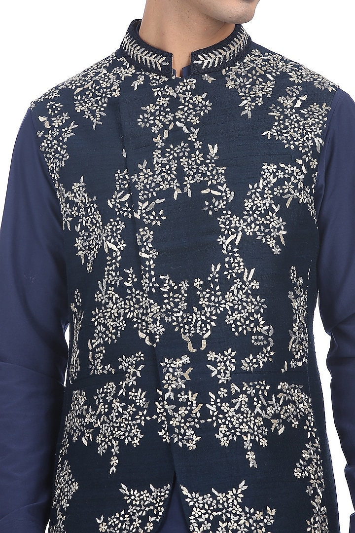 Navy Blue Kurta Set With Waist Jacket by Rohit Gandhi & Rahul Khanna Men at Pernia's Pop Up Shop
