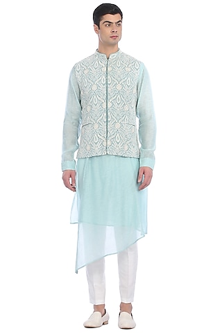 Aqua Blue Kurta Set With Waist Jacket by Rohit Gandhi & Rahul Khanna Men