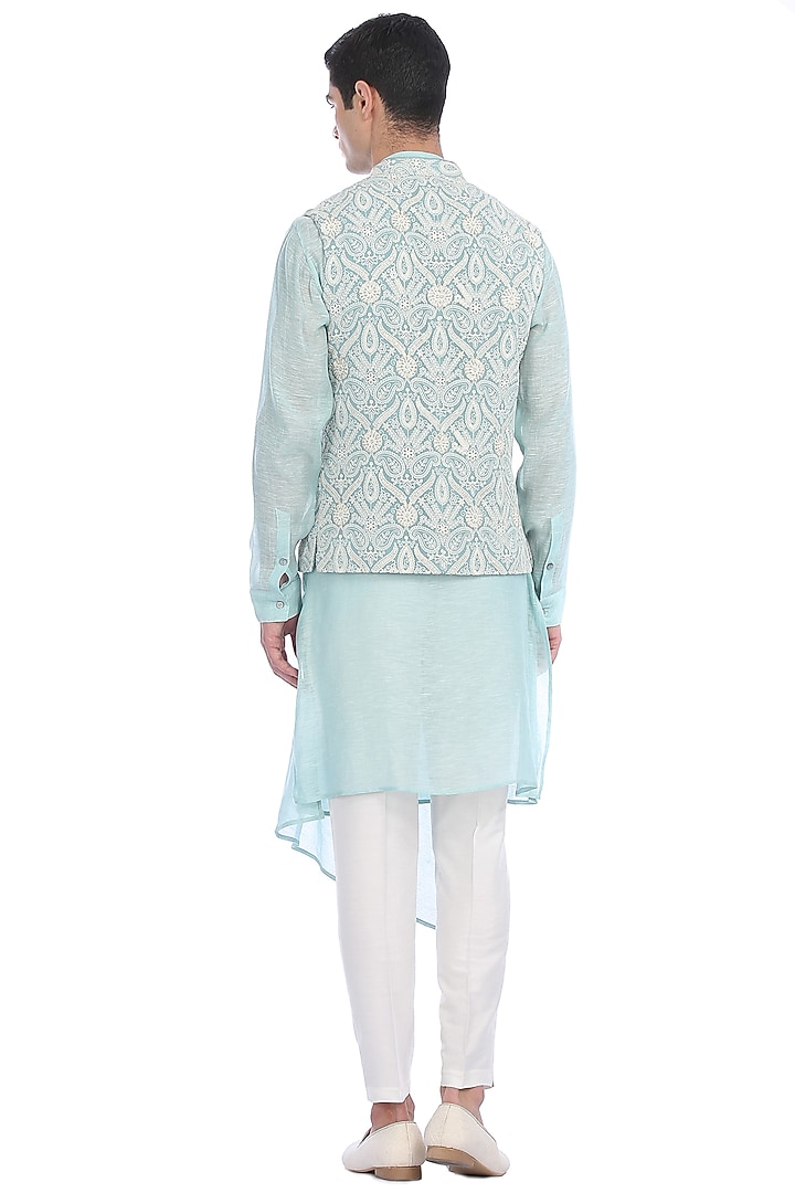 Aqua Blue Kurta Set With Waist Jacket by Rohit Gandhi & Rahul Khanna Men at Pernia's Pop Up Shop