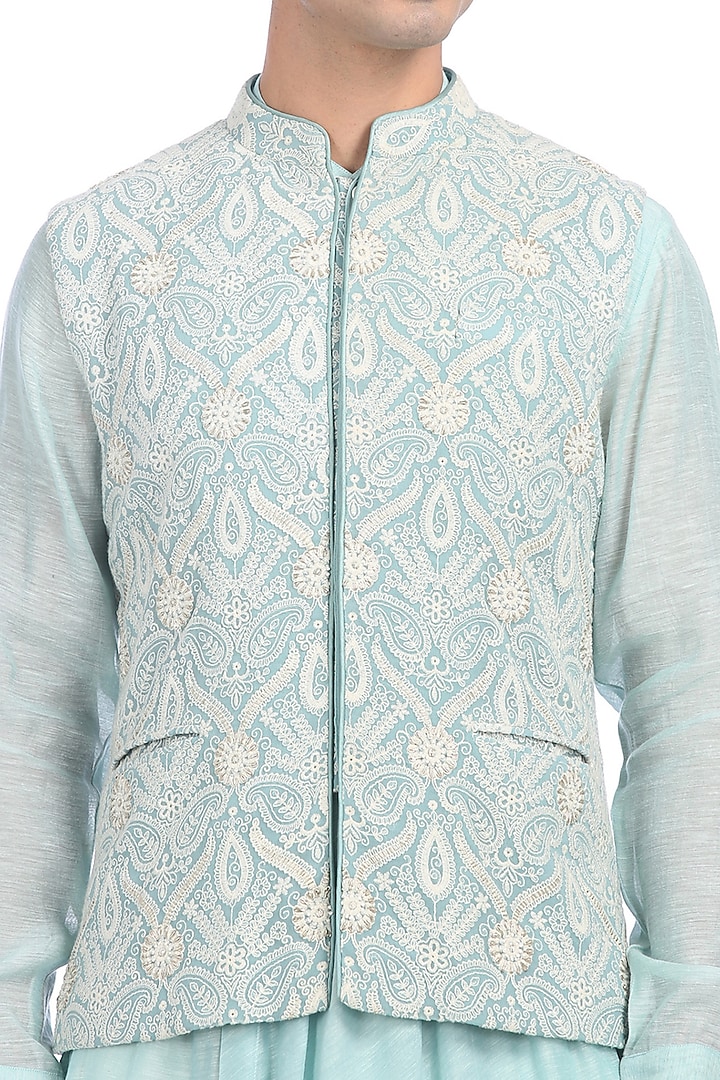 Aqua Blue Kurta Set With Waist Jacket by Rohit Gandhi & Rahul Khanna Men at Pernia's Pop Up Shop