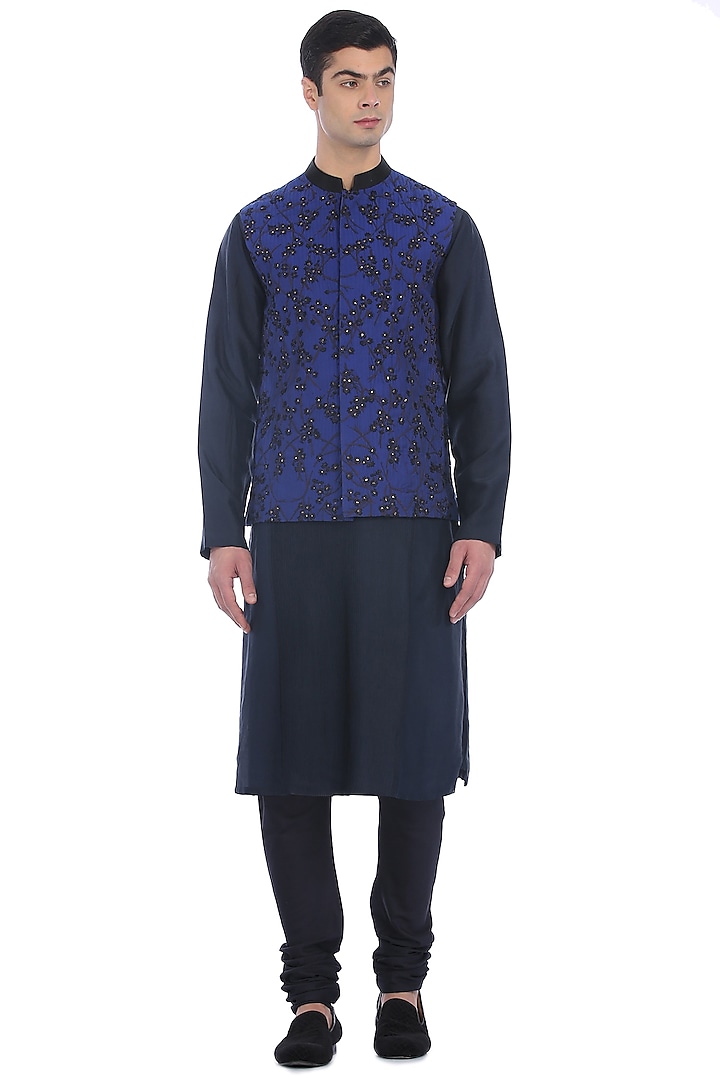 Grey Kurta Set With Navy Blue Waist Jacket by Rohit Gandhi & Rahul Khanna Men