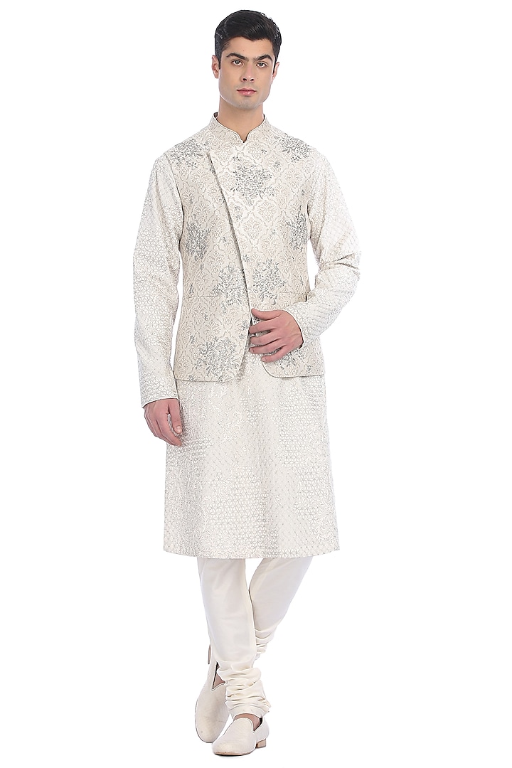 White Kurta Set With Brocade Waist Jacket by Rohit Gandhi & Rahul Khanna Men