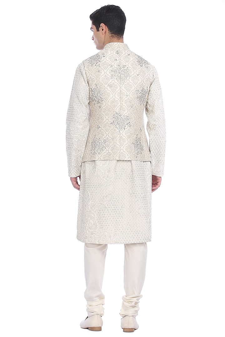 White Kurta Set With Brocade Waist Jacket by Rohit Gandhi & Rahul Khanna Men at Pernia's Pop Up Shop