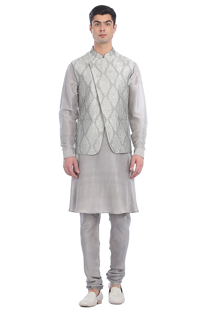 Silver Kurta Set With Embroidered Waist Jacket by Rohit Gandhi & Rahul Khanna Men