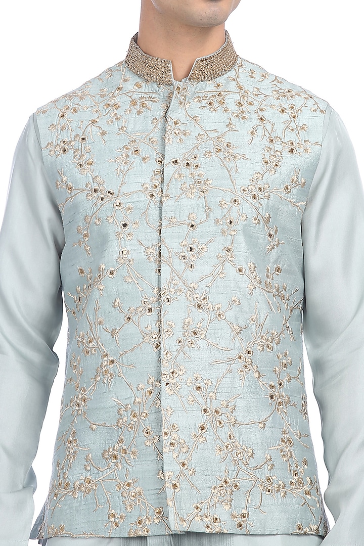 Light Blue Kurta Set With Waist Jacket by Rohit Gandhi & Rahul Khanna Men at Pernia's Pop Up Shop