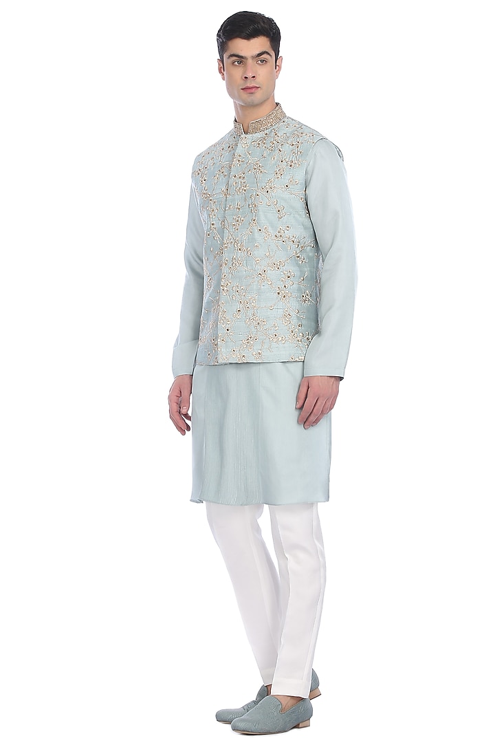 Light Blue Kurta Set With Waist Jacket by Rohit Gandhi & Rahul Khanna Men at Pernia's Pop Up Shop
