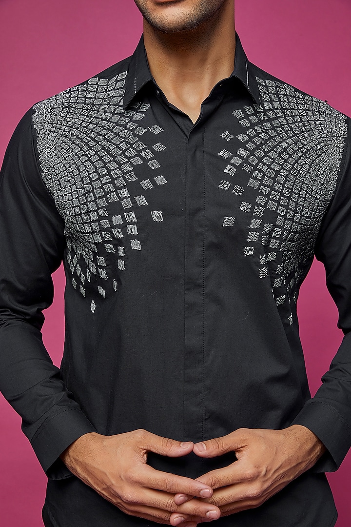 Blue Cotton Embroidered Wedding Shirt by Rohit Gandhi & Rahul Khanna Men at Pernia's Pop Up Shop