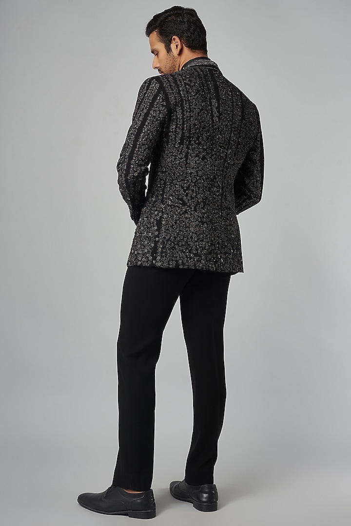 Black Crepe Embroidered Tuxedo Set by Rohit Gandhi & Rahul Khanna Men at Pernia's Pop Up Shop