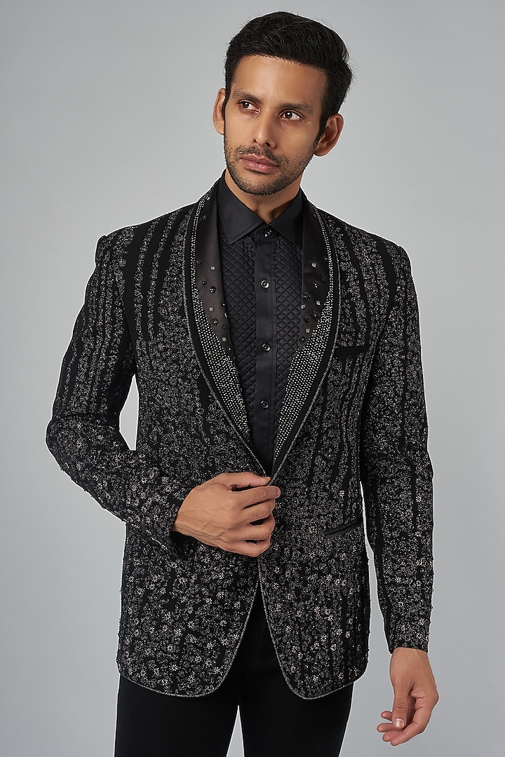 Black Crepe Embroidered Tuxedo Set by Rohit Gandhi & Rahul Khanna Men at Pernia's Pop Up Shop