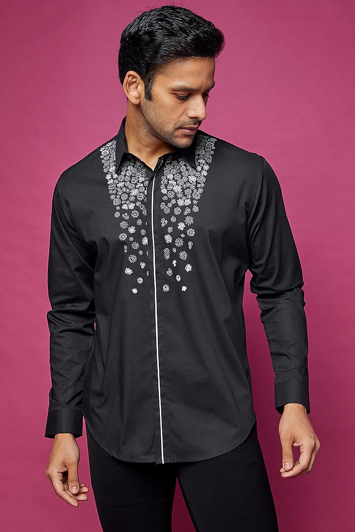 Black Cotton Embroidered Shirt by Rohit Gandhi & Rahul Khanna Men