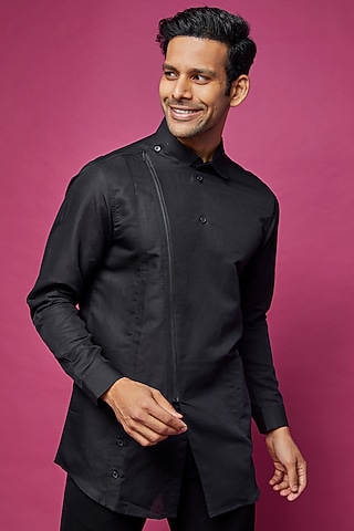 Black Cotton Wrap Shirt by Rohit Gandhi & Rahul Khanna Men