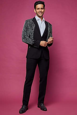 Black Polyester Tuxedo by Rohit Gandhi & Rahul Khanna Men