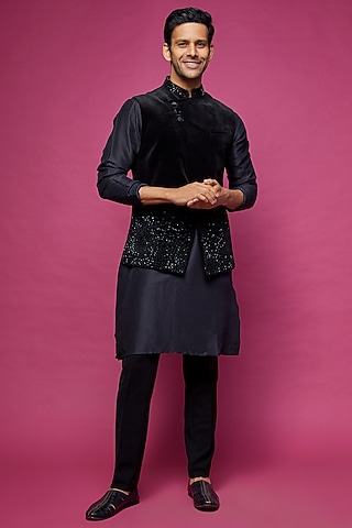 Black Marzoni Hand Embroidered Bundi Jacket by Rohit Gandhi & Rahul Khanna Men