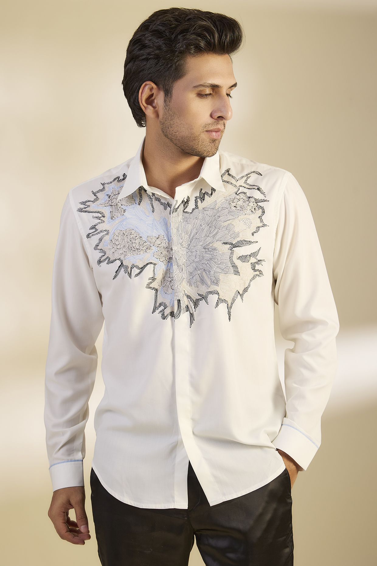 Ivory Cotton Resham Embroidered Shirt by Rohit Gandhi & Rahul Khanna Men