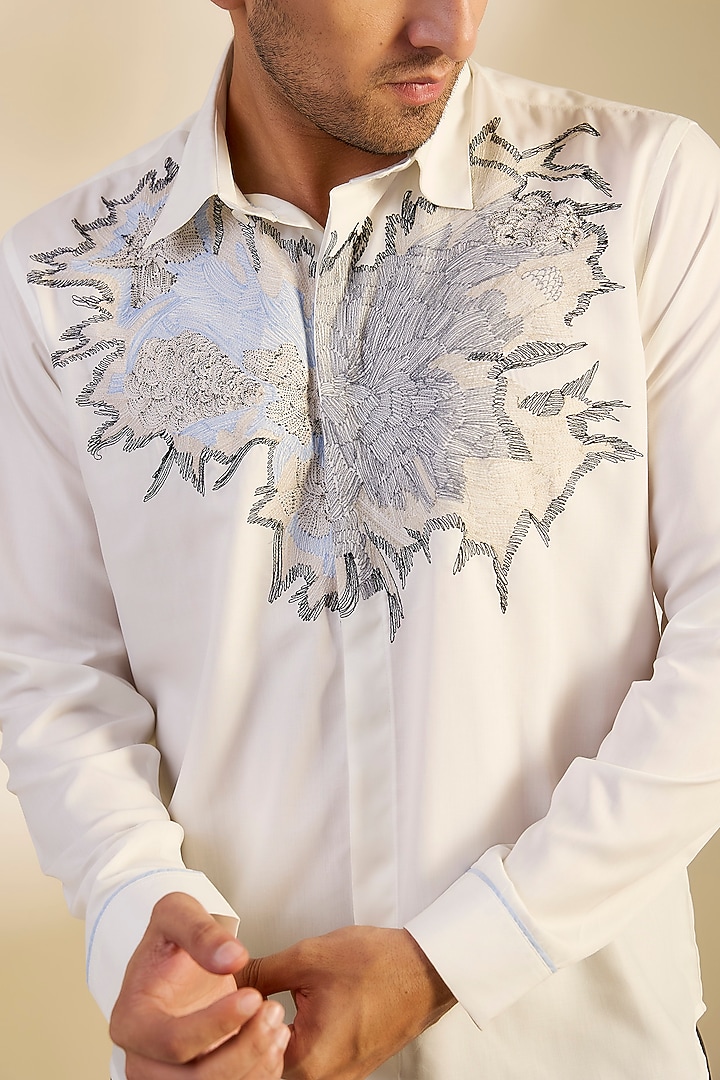Ivory Cotton Resham Embroidered Wedding Shirt by Rohit Gandhi & Rahul Khanna Men at Pernia's Pop Up Shop