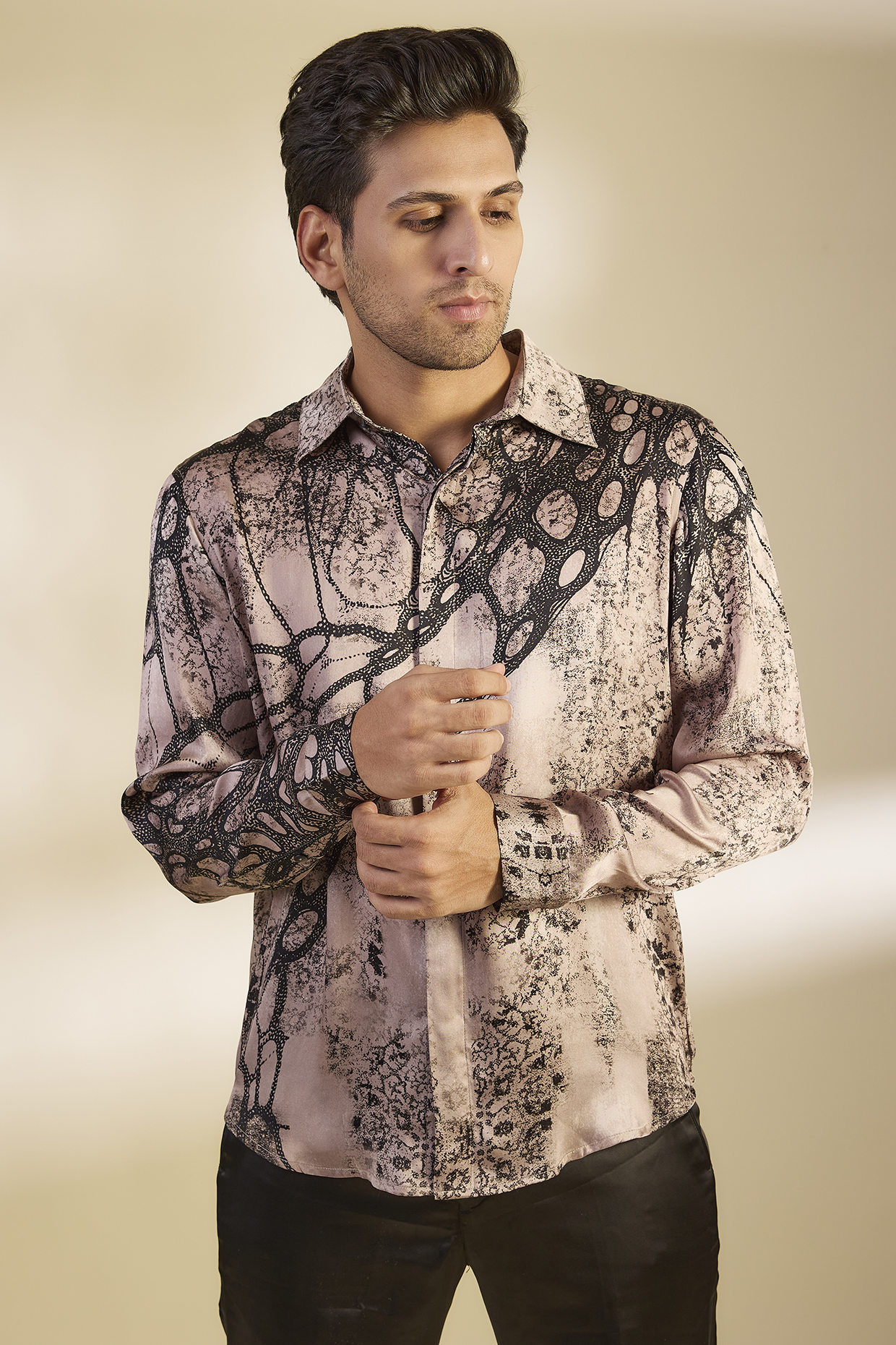 Mocha Silk Printed Shirt by Rohit Gandhi & Rahul Khanna Men