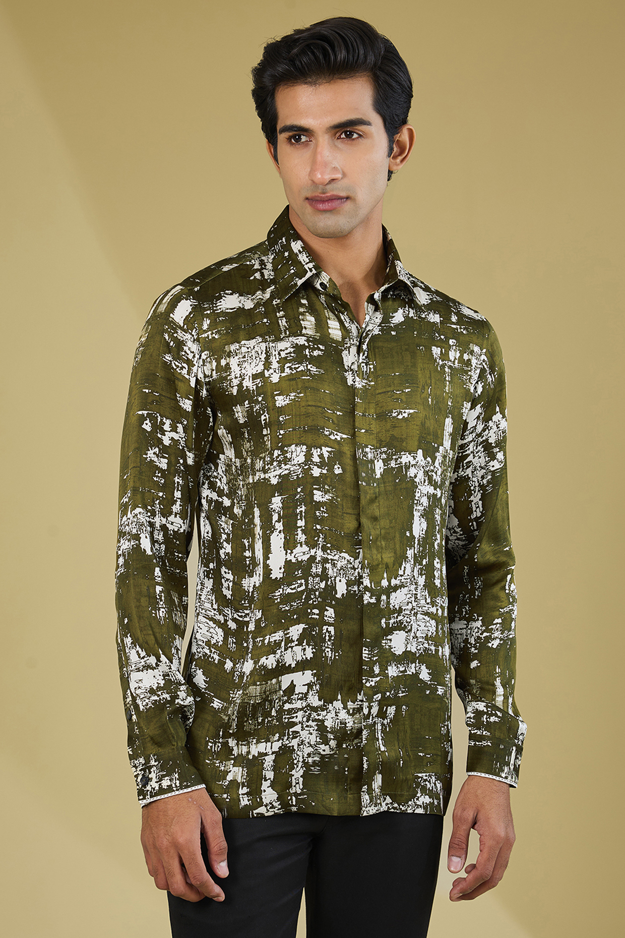 Olive Silk Printed Shirt by Rohit Gandhi & Rahul Khanna Men