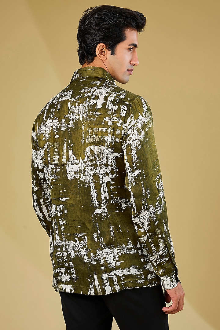 Olive Silk Printed Wedding Shirt by Rohit Gandhi & Rahul Khanna Men at Pernia's Pop Up Shop