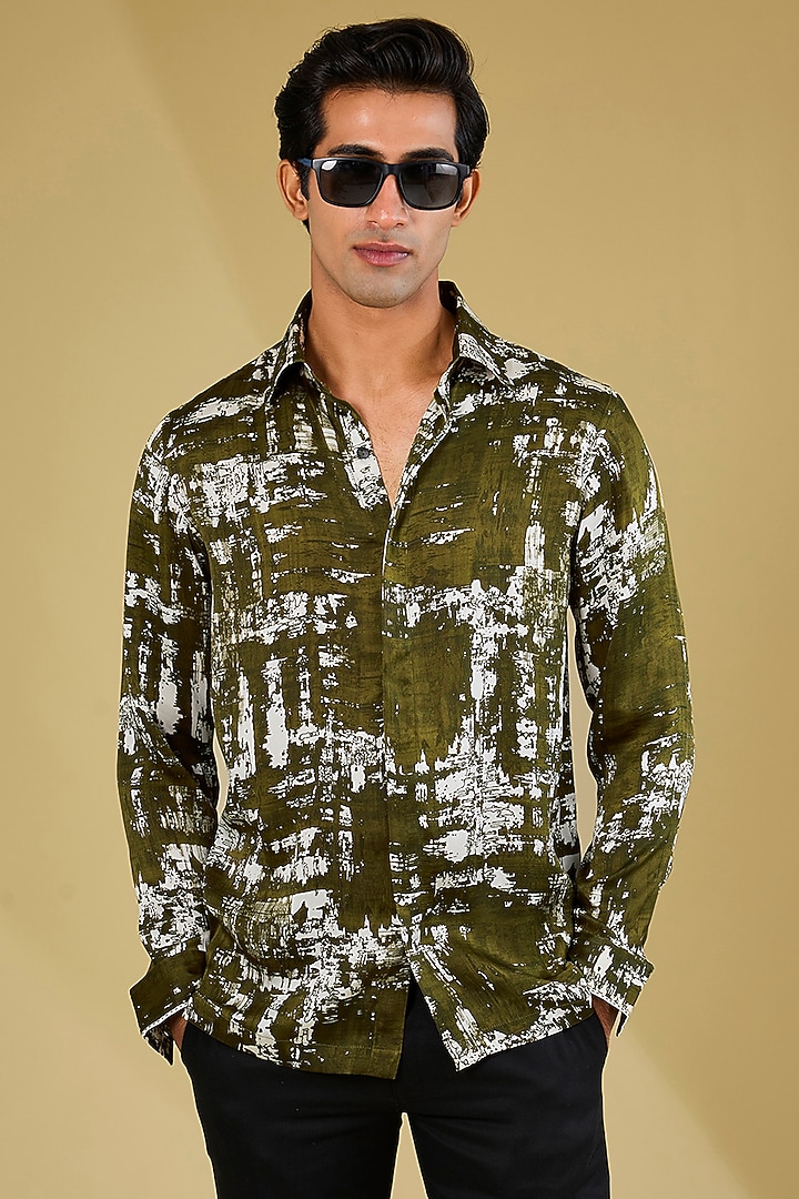Olive Silk Printed Wedding Shirt by Rohit Gandhi & Rahul Khanna Men at Pernia's Pop Up Shop