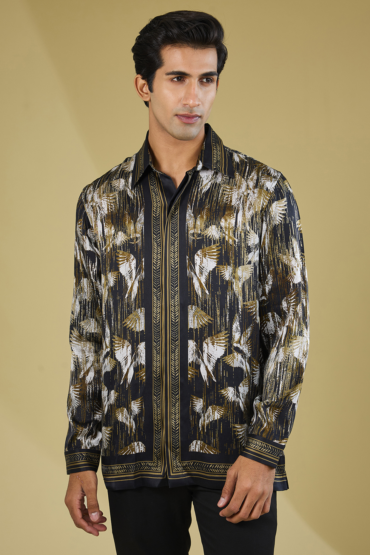 Black-Olive Silk Printed Shirt by Rohit Gandhi & Rahul Khanna Men