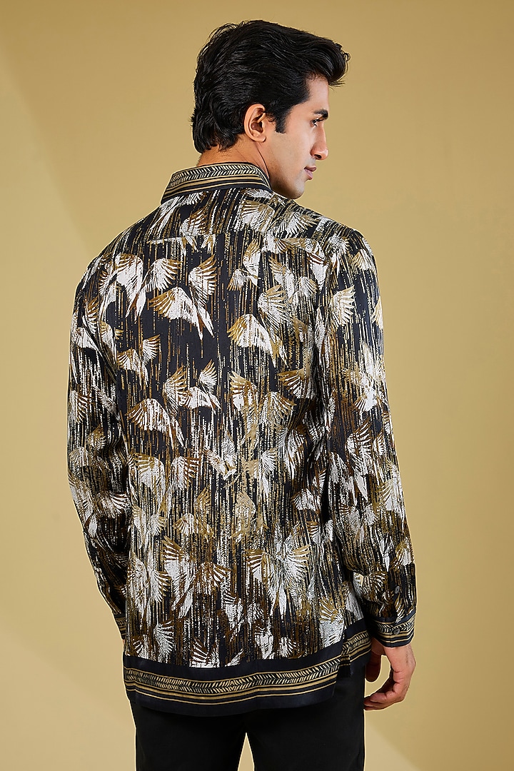 Black-Olive Silk Printed Wedding Shirt by Rohit Gandhi & Rahul Khanna Men at Pernia's Pop Up Shop